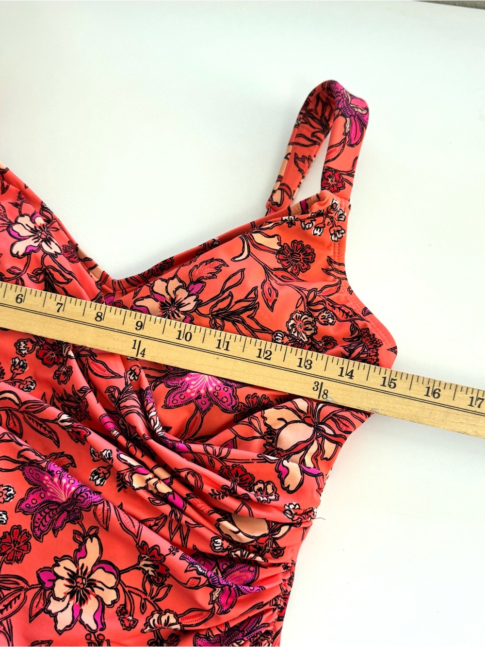 Lands End Women’s Sz 8 One Piece Swimsuit Wrap Ruched Dress Coral Paisley Floral - Picture 8 of 10